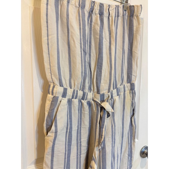 Loft Blue Striped Strapless Jumpsuit Women's Medium Drawstring Waist Casual - Picture 1 of 4